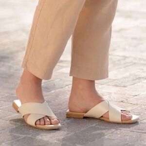 Nisolo Catalina Leather Cross Strap Flat Slip On Sandals, Bone Color, Size 7.5